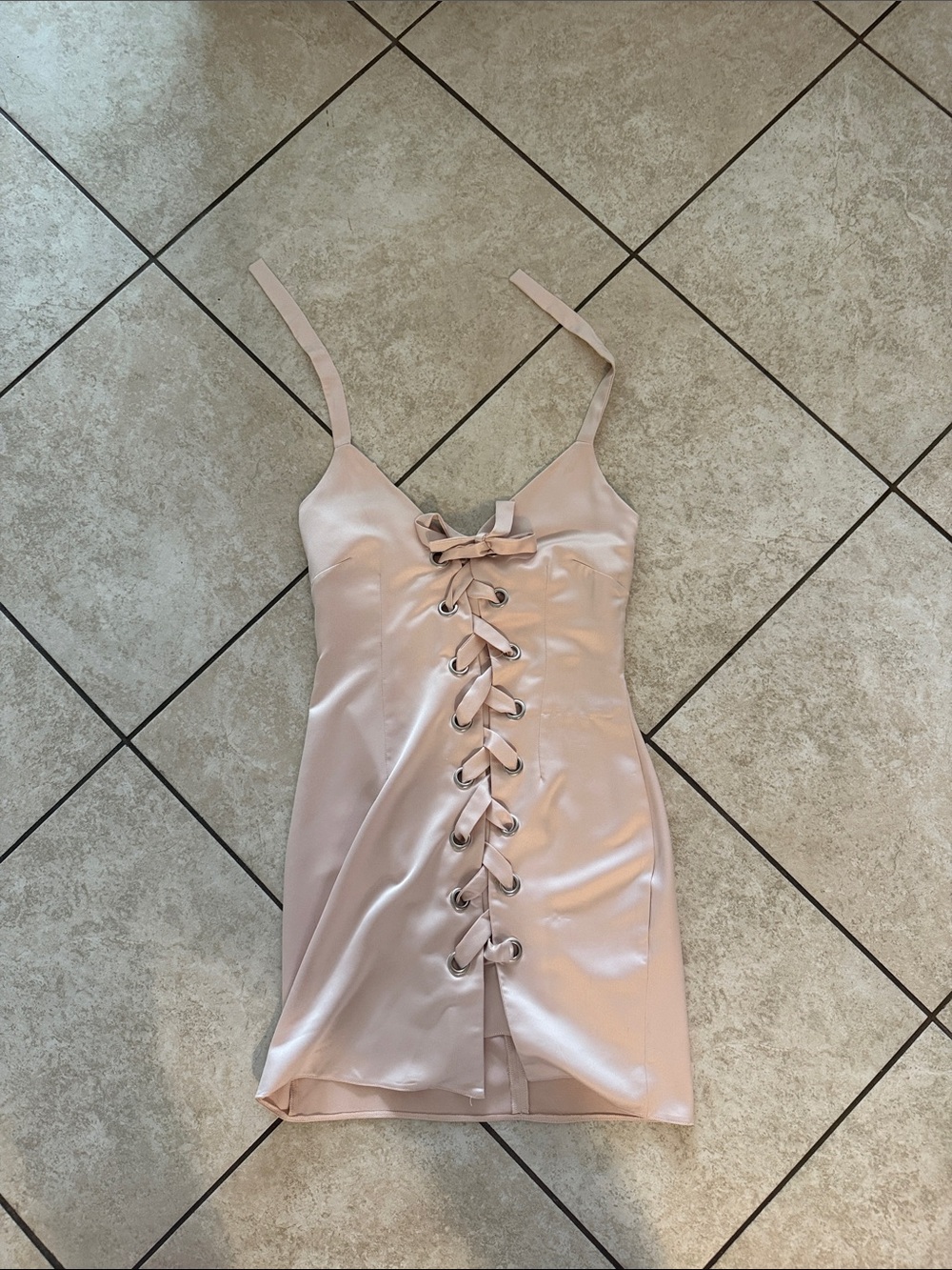 Satin Lace-Up Slip Dress in Blush Pink